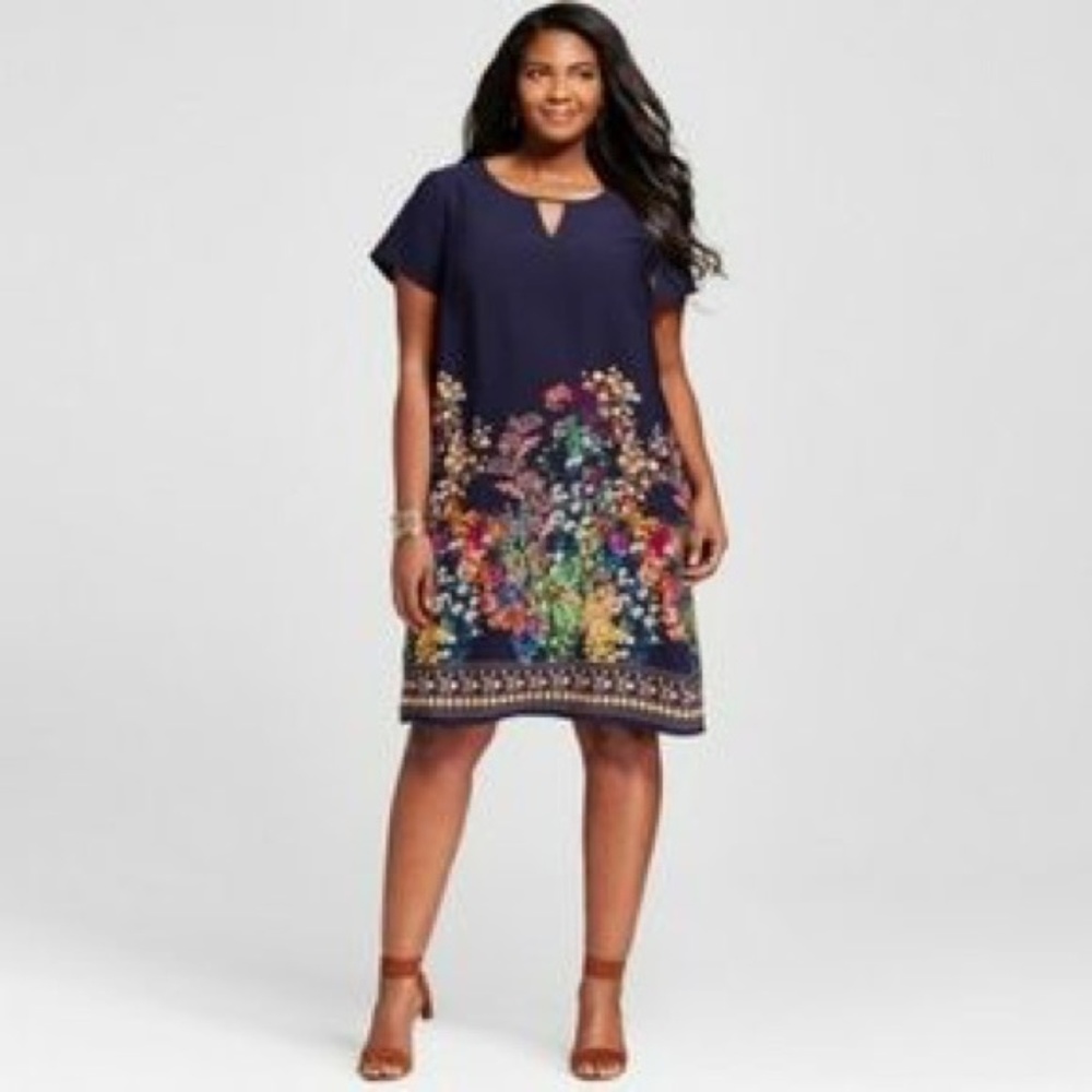 NWT Merona Navy Green Yellow Floral Shift Dress - Picture 1 of 7